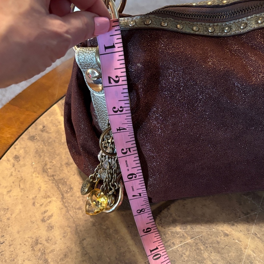 Brown Sparkle Suede Handbag with Gold Accents Charm Keychain Kathy Van Zeeland - Picture 11 of 16